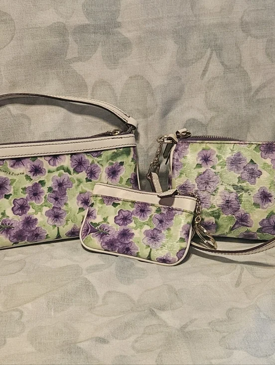 Dooney and Bourke Purple Petunia Mini Barrel Bag, Large Slim Wristlet, Coin Case - Picture 12 of 12